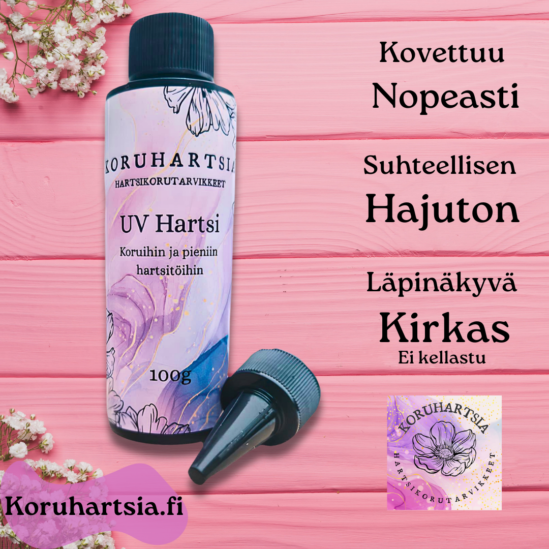 100 gramman kokoinen Koruhartsia brändin UV hartsi koruihin ja pieniin hartsitöihin. Kovettuu nopeasti, on suhteellisen hajuton ja väriltään läpinäkyvä/kirkas, joka ei kellastu